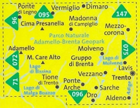 immagine di mappa topografica mappa topografica n.070 - Adamello-Brenta - Ponte di Legno, Presanella, Vermiglio, Madonna di Campiglio, Mezzolombardo, Lavis, Trento, Vezzano, Molveno, Tione di Trento - con sentieri CAI, percorsi MTB, vie ferrate, parchi e riserve naturali - mappa plastificata, compatibile con GPS - nuova edizione 2016