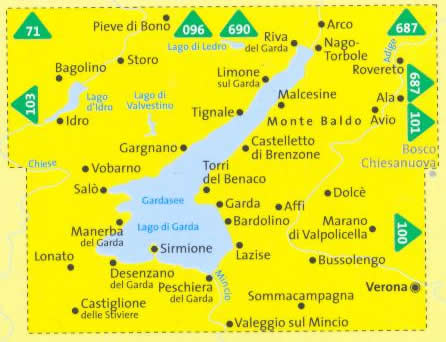 immagine di mappa topografica mappa topografica n.697 - Lago di Garda - Monte Baldo, Arco, Riva del Garda, Rovereto, Dolcè, Bussolengo, Verona, Peschiera, Desenzano, Castiglione delle Stiviere, Manerba, Salò, Lago d'Idro, Lago di Ledro - Set di 3 mappe compatibili con GPS - nuova edizione