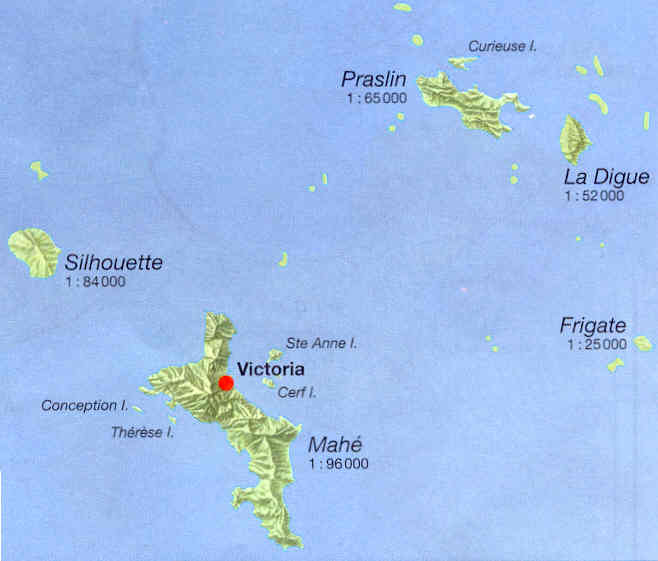 immagine di mappa stradale mappa stradale Seychelles, con Mahe, Praslin, La Digue, Silhouette, Fregate