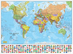 Carta del Mondo Planisfero politico fisico con bandiere plastificato