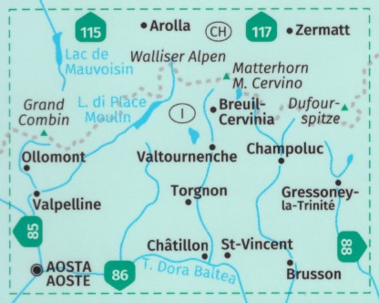 immagine di mappa topografica mappa topografica n.87 - Breuil-Cervinia, Zermatt, Aosta, St. Vincent, Torgnon, Valpelline, Champoluc, Ollomont, Lago di Place Moulin, Monte Rosa, Monte Cervino, Grand Combin, Arolla - con sentieri CAI, percorsi panoramici e parchi naturali - mappa plastificata, compatibile con GPS - edizione 2023