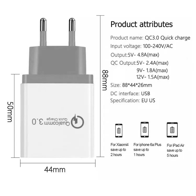 immagine di caricatore da viaggio caricatore da viaggio Caricatore USB, con 3 Porte USB e Carica Veloce Quick Charge QC3.0, presa da muro EU - compatto, leggero e portatile