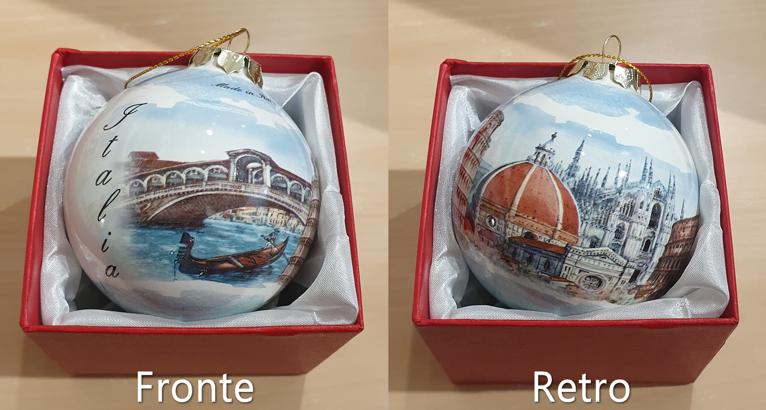 immagine di palla di natale palla di natale Palla di Natale in vetro - Italia - fronte/retro con Venezia, Pisa, Firenze, Milano, Roma - diametro 8 cm - con scatola regalo - made in Italy