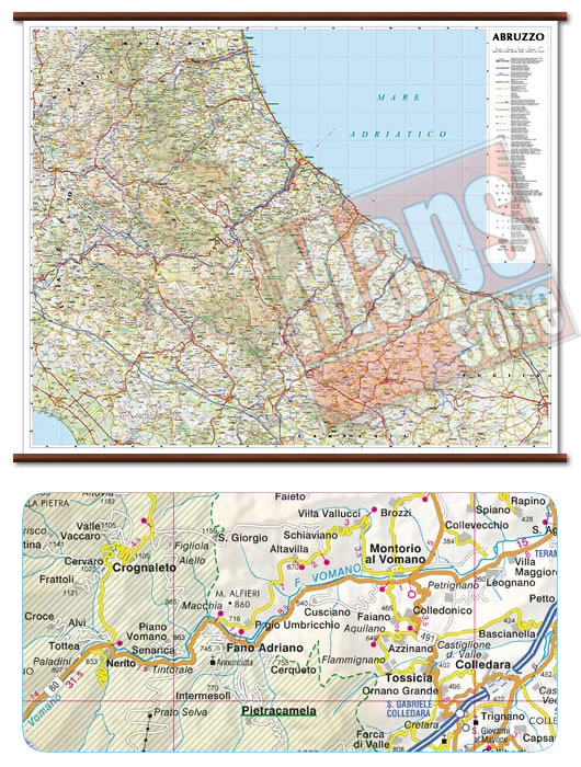immagine di mappa murale mappa murale Abruzzo e Molise - mappa murale con cartografia dettagliata ed aggiornata - plastificata, con eleganti aste in legno - 96 x 78 cm - nuova edizione