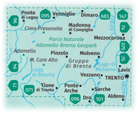 immagine di mappa topografica mappa topografica n.070 - Adamello-Brenta - Ponte di Legno, Presanella, Vermiglio, Madonna di Campiglio, Mezzolombardo, Lavis, Trento, Vezzano, Molveno, Tione di Trento - con sentieri CAI, percorsi MTB, vie ferrate, parchi e riserve naturali - mappa plastificata, compatibile con GPS - nuova edizione