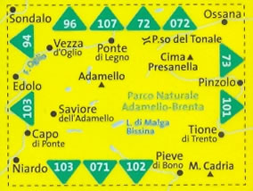 immagine di mappa topografica mappa topografica n.71 - Adamello, La Presanella, Vezza d'Oglio, Ponte di Legno, Passo del Tonale, Ossana, Pinzolo, Parco Naturale Adamello-Brenta, Cedegolo, Condino, Tione di Trento, Pieve di Ledro, Parco Nazionale dello Stelvio - mappa plastificata, compatibile con GPS