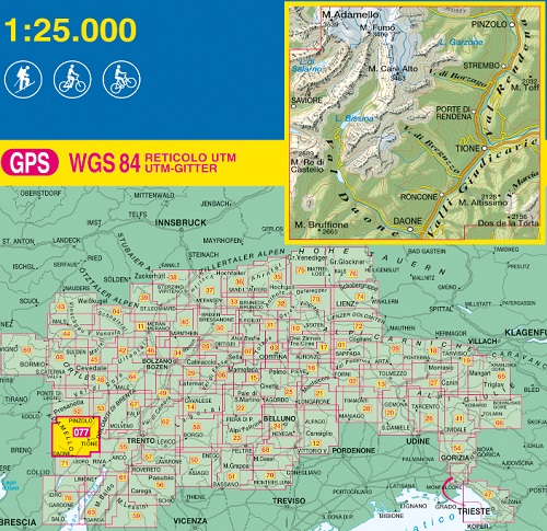 immagine di mappa topografica mappa topografica n.077 - Adamello Sud, Val Rendena, Val Daone, M.Fumo, Pinzolo, Strembo, V. di Borzago, Roncone, Valli Giudicarie, M. Carè Alto, Val di Saviore, Spiazzo, Corno Miller, Caderzone Terme, Spiazzo, Tione di Trento - con reticolo UTM compatibile con sistemi GPS - nuova edizione