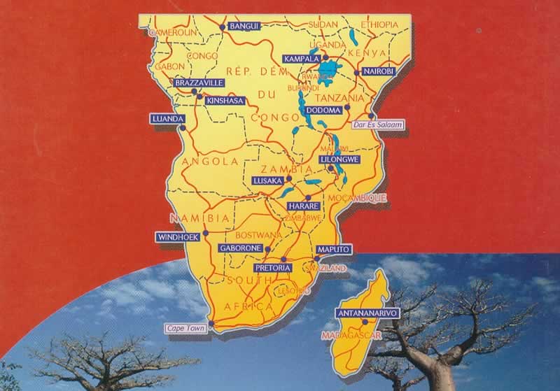 immagine di mappa stradale mappa stradale Africa Centro-Sud e Madagascar (con Kenya, Tanzania, Congo, Gabon, Uganda, Zambia, Angola, Mozambico, Namibia, Botswana, Zimbabwe, Sud Africa) - carta stradale Michelin n.746 - con percorsi panoramici, temperature, pluviometria