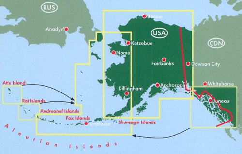 immagine di mappa stradale mappa stradale Alaska - con Anchorage, Dillingham, Nome, Kotzebue, Fairbanks, College, Juneau, Kodiak, Ketchikan, Sitka, Palmer, Bethel, Barrow, Kenai, Attu Island, Rat Islands, Andreanof Islands, Shumagin Islands