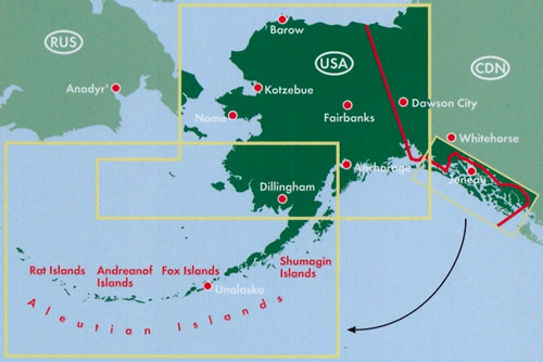immagine di mappa stradale mappa stradale Alaska - con Anchorage, Fairbanks, College, Juneau, Kodiak, Ketchikan, Sitka, Palmer, Bethel, Barrow, Kenai