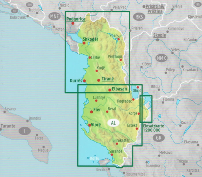 immagine di mappa stradale mappa stradale Albania - con Tirana, Durazzo, Scutari, Elbasan, Coriza, Valona, Fier - mappa stradale con luoghi panoramici, spiagge, parchi e riserve naturali - edizione 2025
