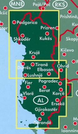 immagine di mappa stradale mappa stradale Albania - con Tirana, Durazzo, Scutari, Elbasan, Coriza, Valona, Fier - mappa stradale con luoghi panoramici, parchi e riserve naturali