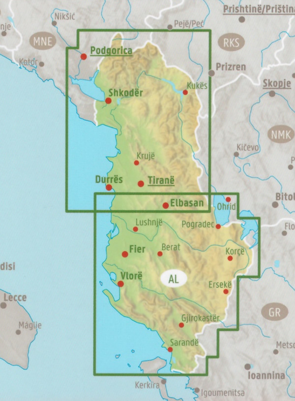 immagine di mappa stradale mappa stradale Albania - con Tirana, Durazzo, Scutari, Elbasan, Coriza, Valona, Fier - mappa stradale con luoghi panoramici, parchi e riserve naturali - EDIZIONE Settembre 2023