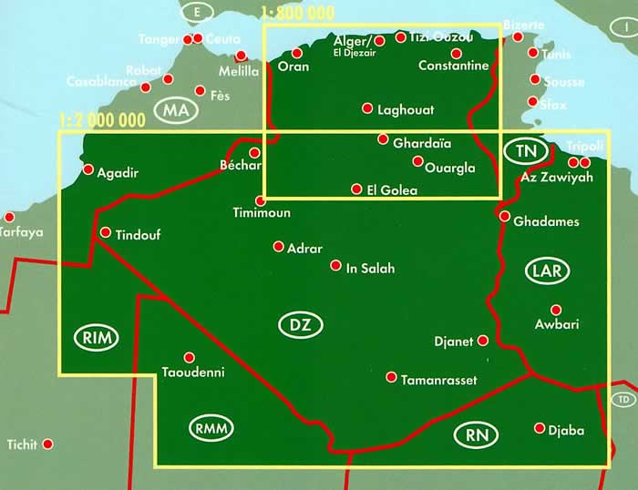 immagine di mappa stradale mappa stradale Algeria - con Algeri, Orano, Costantina, Annaba, Batna, Blida, Sétif, Chlef, Djelfa, Sidi bel Abbès - nuova edizione