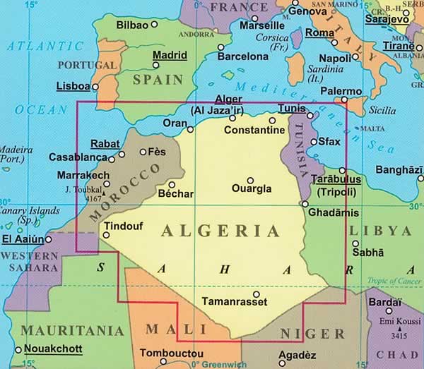 immagine di mappa stradale mappa stradale Algeria - con Algeri, Orano, Costantina, Annaba, Batna, Blida, Sétif, Chlef, Djelfa, Sidi bel Abbès - nuova edizione