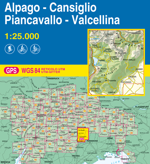 immagine di mappa topografica mappa topografica n.012 - Alpago, Cansiglio, Piancavallo, Val Cellina - con M. Messer, Col Nudo, M. Cavallo, Piancavallo, Tambre d'Alpago, Farra, Pieve d'Alpago, Chies, Aviano, Lago di S. Croce, M. Pizzoc, Fregona, La Crosetta, Polcenigo, Budoia, Caneva, Vittorio Veneto - con reticolo UTM compatibile con GPS - nuova edizione