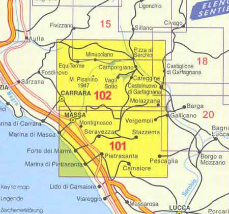 immagine di mappa topografica mappa topografica Alpi Apuane, M. Pisanino, M. Sumbra, Massa, Carrara, Marina di Pietrasanta, M. Tambura, P.zo d'Uccello, Pania d. Croce e altre cime - n.101/102 Multigraphic - carta dei sentieri - edizione 2021