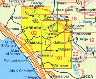 immagine di mappa topografica mappa topografica Alpi Apuane - mappa escursionistica n.101/102 - con sentieri CAI - M. Pisanino, M. Sumbra, Massa, Carrara, Marina di Pietrasanta, M. Tambura, P.zo d'Uccello, Pania d. Croce e altre cime - edizione 2023