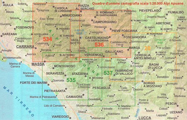 immagine di mappa topografica mappa topografica Alpi Apuane settentrionali - mappa escursionistica con sentieri C.A.I. - mappa n.534-536 - nuova edizione