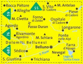 immagine di mappa topografica mappa topografica n.77 - Alpi Bellunesi, Alleghe, Rocca Piétore, Monte Civetta, Valle d'Ampezzo, Pieve di Cadore, Antelao, Longarone, Ponte nelle Alpi, Farra d'Alpago, Passo Duran, Agordo, Rivamonte, M. Pizzocco, S. Giustina, Trichiana, Belluno, M. Schiara - mappa plastificata, compatibile con GPS