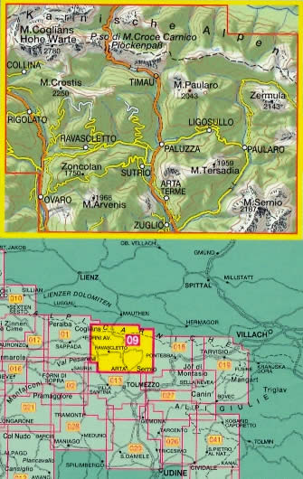 immagine di mappa topografica mappa topografica n.009 - Alpi Carniche, Carnia Centrale - Arvenis, Sernio, Arta, Paularo, Ovaro, Ravascletto, Zuglio, Timau, Collina, Rigolato, Crostis, Zermula - compatibile con GPS - nuova edizione