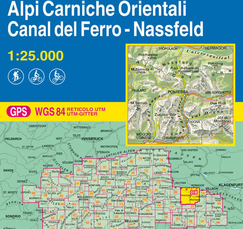 immagine di mappa topografica mappa topografica n.018 - Alpi Carniche Orientali, Canal del Ferro, Nassfeld - con Passo di Pramollo, Poludnig, M. Zermula, Paularo, Pontebba, Malborghetto, M. Sernio, Zuc dal Bor, Val Dogna, Due Pizzi, Moggio Udinese, Chiusaforte, Val Aupa - con reticolo UTM compatibile con sistemi GPS - EDIZIONE 2021