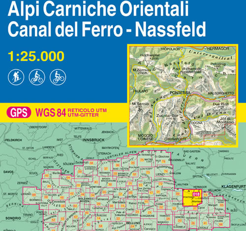 immagine di mappa topografica mappa topografica n.018 - Alpi Carniche Orientali, Canal del Ferro, Nassfeld - con Passo di Pramollo, Poludnig, M. Zermula, Paularo, Pontebba, Malborghetto, M. Sernio, Zuc dal Bor, Val Dogna, Due Pizzi, Moggio Udinese, Chiusaforte, Val Aupa - con reticolo UTM compatibile con sistemi GPS - nuova edizione