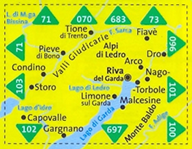 immagine di mappa topografica mappa topografica n.071 - Alpi di Ledro, Valli Giudicarie - con Monte Baldo, Malcesine, Riva del Garda, Limone sul Garda, Arco, Dro, Fiavè, Tione di Trento, Pieve di Bono, Condino, Storo, Capovalle, Lago d'Idro, Gargnano - con sentieri CAI, percorsi MTB, vie ferrate, parchi e riserve naturali - mappa plastificata, compatibile con GPS