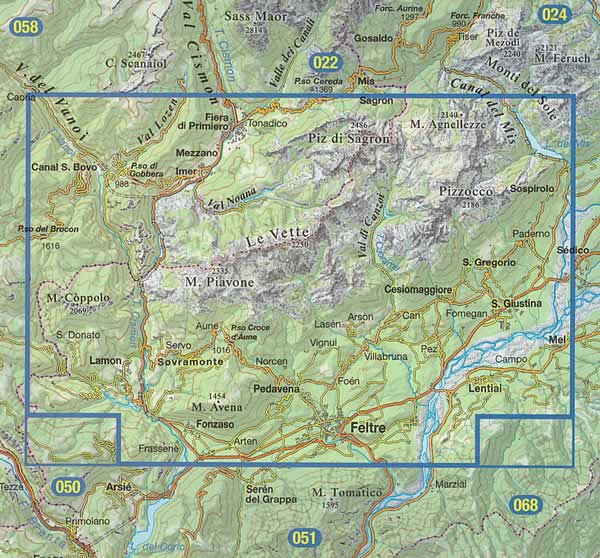 immagine di mappa topografica mappa topografica n.023 - Alpi Feltrine, Le Vette, Cimonega - M. Pavione, Pizzocco, Mezzano, Imer, Lamon, Pedavena, Feltre, S. Gregorio, Cesiomaggiore - con reticolo UTM compatibile con GPS - impermeabile, antistrappo, plastic-free, eco-friendly - nuova edizione