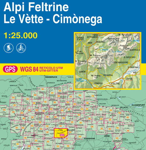 immagine di mappa topografica mappa topografica n.023 - Alpi Feltrine, Le Vette, Cimonega - M. Pavione, Pizzocco, Mezzano, Imer, Lamon, Pedavena, Feltre, S. Gregorio, Cesiomaggiore - con reticolo UTM compatibile con sistemi GPS - edizione 2019