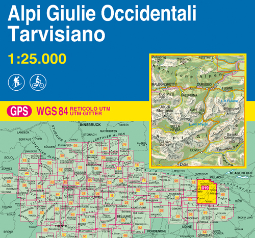 immagine di mappa topografica mappa topografica n.019 - Alpi Giulie Occidentali, Tarvisiano - Canin, Bovec, Cave del Predil, Mangart, Lago del Predil, Tarvisio, Fusine, Jof di Montasio, Due Pizzi, Malborghetto, Sella Nevea, Zaga, Osternig, Poludnig - con reticolo UTM compatibile con GPS - nuova edizione