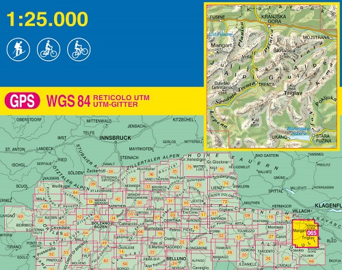 immagine di mappa topografica mappa topografica n.065 - Alpi Giulie Orientali, Bohinj, Triglav, Kal, Fusine, Gora, Mangart, Lepena, Ukanc, Trenta  - compatibile con GPS - edizione 2016