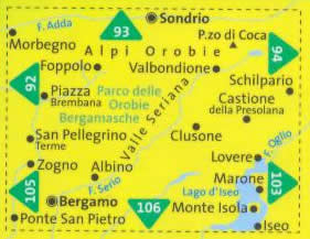 immagine di mappa topografica mappa topografica n.104 - Alpi Orobie Bergamasche, Valle Brembana, Valle Seriana, Sondrio, Morbegno, Foppolo, San Pellegrino Terme, Bergamo, Monte Isola, Lago d'Iseo, Lovere - con sentieri CAI, percorsi panoramici e parchi naturali - mappa plastificata, compatibile con GPS - edizione 2017