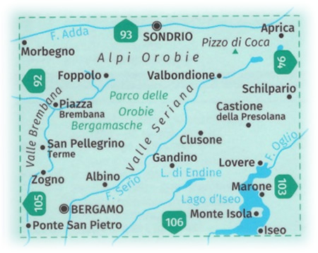 immagine di mappa topografica mappa topografica n.104 - Alpi Orobie Bergamasche, Valle Brembana, Valle Seriana, Sondrio, Morbegno, Foppolo, San Pellegrino Terme, Bergamo, Monte Isola, Lago d'Iseo, Lovere - con sentieri CAI, percorsi panoramici e parchi naturali - mappa plastificata, compatibile con GPS - edizione 2020