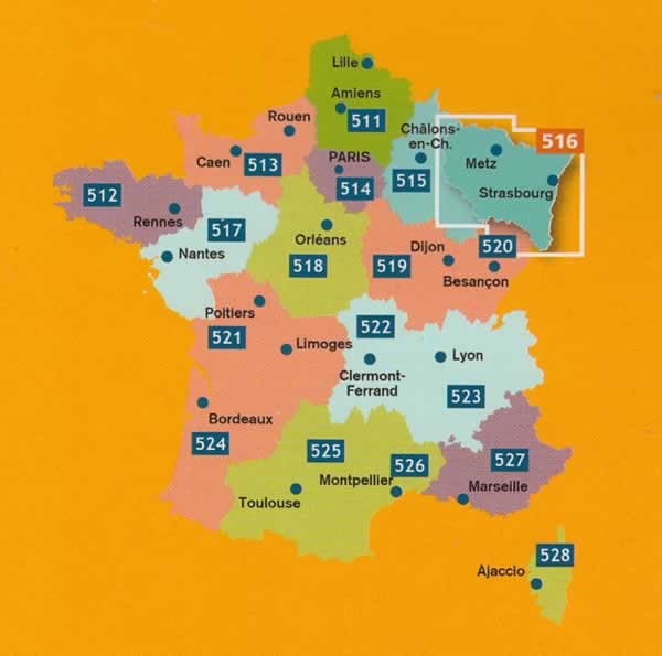 immagine di mappa stradale mappa stradale Alsazia, Lorena / Alsace, Lorraine - mappa stradale Michelin n.516 - con Strasbourg / Strasburgo, Saverne, Molsheim, Haguenau, Wissembourg, Selestat, Ribeauville, Colmar, Guebwiller, Thann, Mulhouse, Altkirch, Basel, Epinal, Saint-Dié-des-Vosges, Luneville, Nancy, Neufchâteau, Toul, Bar-le-Duc, Commercy, Metz, Verdun, Briey, Thionville, Boulay-Moselle, Forbach, Château-Salins, Sarreguemines, Sarrebourg - mappa stradale con stazioni di servizio e autovelox - EDIZIONE Maggio 2023