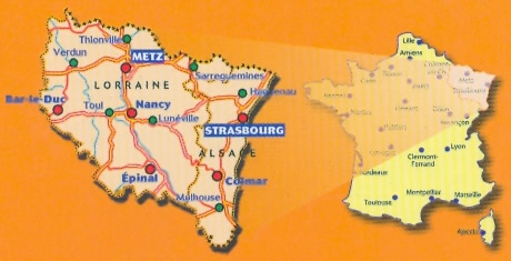 immagine di mappa stradale mappa stradale n. 516 - Alsazia, Lorena / Alsace, Lorraine - con Strasbourg / Strasburgo, Saverne, Molsheim, Haguenau, Wissembourg, Selestat, Ribeauville, Colmar, Guebwiller, Thann, Mulhouse, Altkirch, Basel, Epinal, Saint-Dié-des-Vosges, Luneville, Nancy, Neufchâteau, Toul, Bar-le-Duc, Commercy, Metz, Verdun, Briey, Thionville, Boulay-Moselle, Forbach, Château-Salins, Sarreguemines, Sarrebourg - mappa stradale con stazioni di servizio e autovelox
