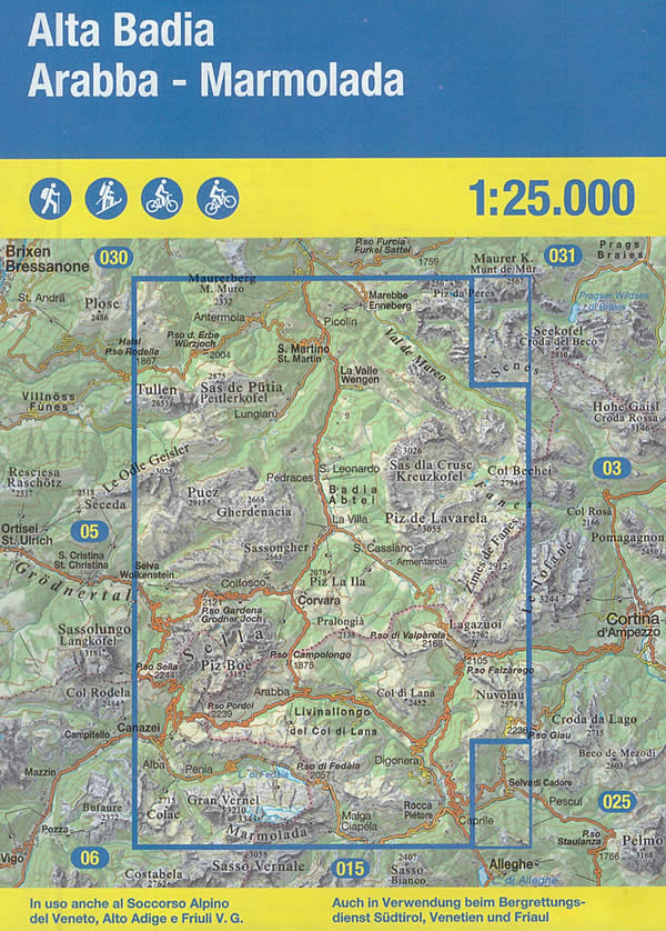 immagine di mappa topografica mappa topografica n.007 - Alta Badia, Arabba, Marmolada - con S. Martino, La Valle, Val de Mareo, Passo Erbe, Marebbe, Fanes, S. Cassiano, Badia, Puez, Passo Gardena, Corvara, Selva, Sella, Colfosco, Canazei, Passo Pordoi, Passo Valparola, Passo Falzarego, Passo Campolongo, Passo Fedaia, Rocca Pietore, Marmolada, Lago Fedaia - con reticolo UTM per GPS - impermeabile, antistrappo, plastic-free, eco-friendly - nuova edizione
