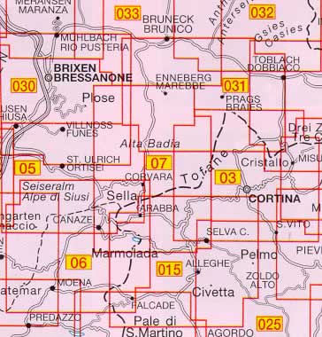 immagine di mappa topografica mappa topografica n.07 - Alta Badia - Arabba - Marmolada - con reticolo UTM per GPS