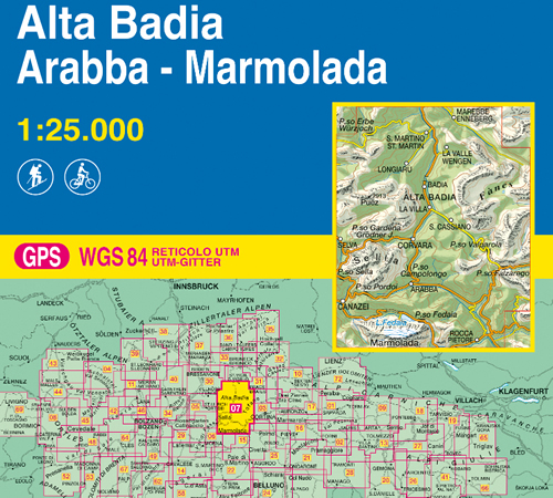immagine di mappa topografica mappa topografica n.007 - Alta Badia, Arabba, Marmolada - con S. Martino, La Valle, Passo Erbe, Marebbe, Fanes, S. Cassiano, Badia, Puez, Passo Gardena, Corvara, Selva, Sella, Canazei, Passo Pordoi, Passo Valparola, Passo Falzarego, Passo Campolongo, Passo Fedaia, Rocca Pietore, Marmolada, Lago Fedaia - con reticolo UTM per GPS - edizione 2021