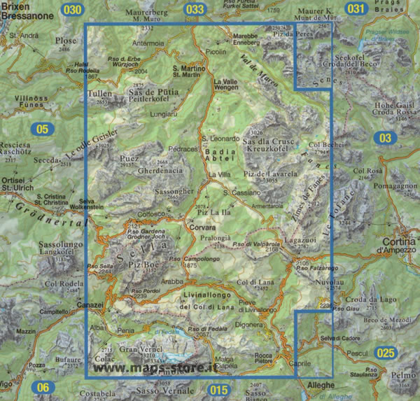 immagine di mappa topografica mappa topografica n.007 - Alta Badia, Arabba, Marmolada - con S. Martino, La Valle, Val de Mareo, Passo Erbe, Marebbe, Fanes, S. Cassiano, Badia, Puez, Passo Gardena, Corvara, Selva, Sella, Colfosco, Canazei, Passo Pordoi, Passo Valparola, Passo Falzarego, Passo Campolongo, Passo Fedaia, Rocca Pietore, Marmolada, Lago Fedaia - con reticolo UTM per GPS - impermeabile, antistrappo, plastic-free, eco-friendly - edizione 2022