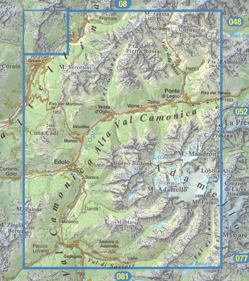 immagine di mappa topografica mappa topografica n.079 - Alta Val Camonica, Edolo, Adamello - con Ponte di Legno, Val Grande, Pietra Rossa, Valle delle Messi, Pezzo, Corno dei Tre Signori, Passo Gavia, M. Serottini, Vezza d'Oglio, Vione, Temù, Incudine, Monno, Sonico, Corno Baitone, Garda, Malonno, Cedegolo, Val di Saviore, Val di Fumo, M. Fumo, Cima Cadi, Passo del Mortirolo, Valtellina - impermeabile, antistrappo, plastic-free, eco-friendly - nuova edizione