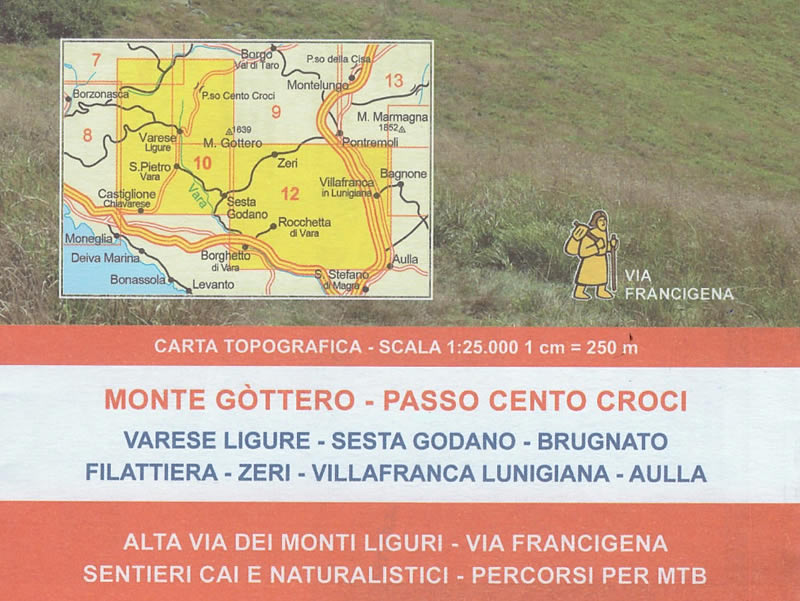 immagine di mappa topografica mappa topografica Alta Val di Taro, Val di Vara, Lunigiana, Appennino Ligure - mappa escursionistica n.10/12 - con sentieri CAI - con il passo Cento Croci, Varese Ligure, Zeri, Monte Gottero - edizione 2023