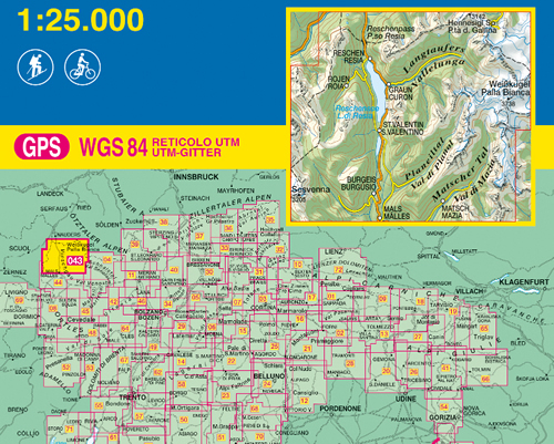 immagine di mappa topografica mappa topografica n.043 - Alta Val Venosta / Vinschgauer Oberland - con reticolo UTM compatibile con sistemi GPS - nuova edizione