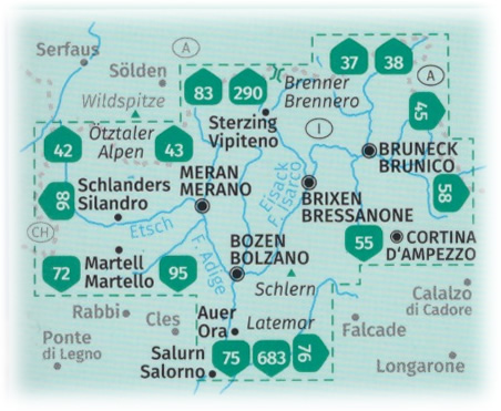immagine di mappa topografica mappa topografica Alto Adige / Südtirol - Bolzano, Laives, Caldaro, Cavalese, Predazzo, Moena, Catena dei Lagorai, Merano, Bressanone, Cortina d'Ampezzo, Brunico, Corvara, Badia, Campo Tures, Silandro, Latemar, Schlen, Martello, Münster, Vipiteno, Monti Sarentini, Chiusa, Brennero, Ötztaler Alpen - Set di 4 mappe escursionistiche compatibili con GPS - n.699 Kompass - nuova edizione