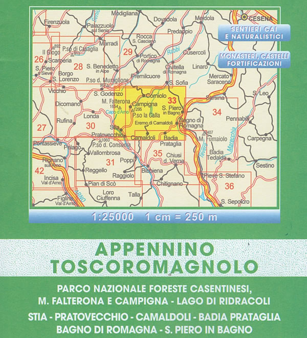 immagine di mappa topografica mappa topografica Alto Casentino, Valli del Bidente - mappa escursionistica n.33 - con sentieri CAI - con Monte Falterona, Campigna, Parco Nazionale Foreste Casentinesi, Corniolo, Camaldoli, Passo la Calla, Bagno di Romagna, Stia, Pratovecchio, Lago di Ridracoli - edizione 2025