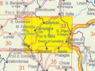 immagine di mappa topografica mappa topografica Alto Casentino, Valli del Bidente - mappa escursionistica n.33 - con sentieri CAI - con Monte Falterona, Campigna, Parco Nazionale Foreste Casentinesi, Corniolo, Camaldoli, Passo la Calla, Bagno di Romagna, Stia, Pratovecchio, Lago di Ridracoli - edizione 2025