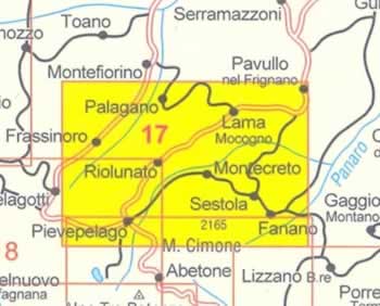 immagine di mappa topografica mappa topografica n.17 - Alto Frignano e Appennino Modenese - con Monte Cimone, Lago della Ninfa, Fanano, Frassinoro, Lama Mocogno, Montecreto, Palagano, Pievepelago, Pavullo nel Frignano, Riolunato, Sestola