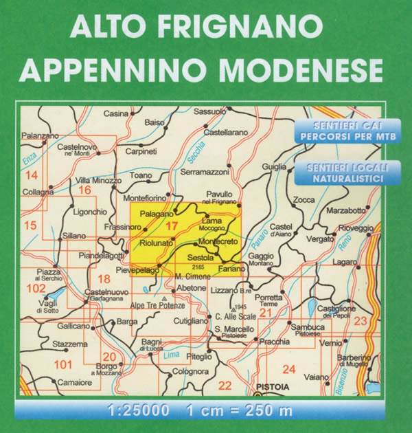 immagine di mappa topografica mappa topografica n.17 - Alto Frignano e Appennino Modenese - con Monte Cimone, Lago della Ninfa, Fanano, Frassinoro, Lama Mocogno, Montecreto, Palagano, Pievepelago, Pavullo nel Frignano, Riolunato, Sestola - carta dei sentieri
