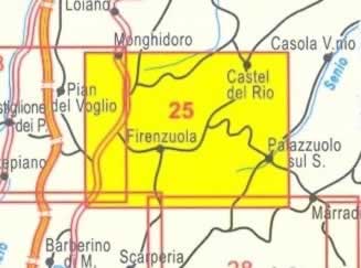 immagine di mappa topografica mappa topografica n.25 - Alto Mugello, Appennino Bolognese con Monghidoro, Castel del Rio, Firenzuola, Palazzuolo sul Senio, Passo della Futa e Raticosa