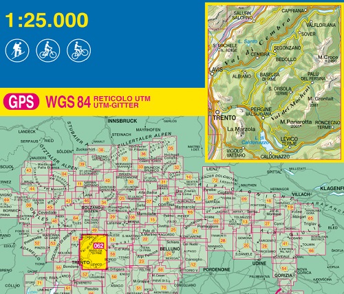immagine di mappa topografica mappa topografica n.062 - Altopiano di Pinè, Valli di Cembra e dei Mocheni - Trento, La Marzola, Caldonazzo, Levico Terme, M. Panarotta, S. Orsola Terme, Baselga di Pine, Bedollo, Sover, Valfloriana, Salorno - con reticolo UTM compatibile con sistemi GPS - nuova edizione